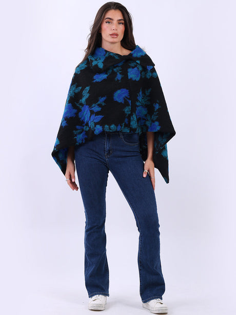 Women Drop Neck Floral Knitted Poncho