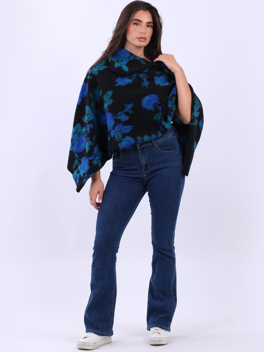 Women Drop Neck Floral Knitted Poncho