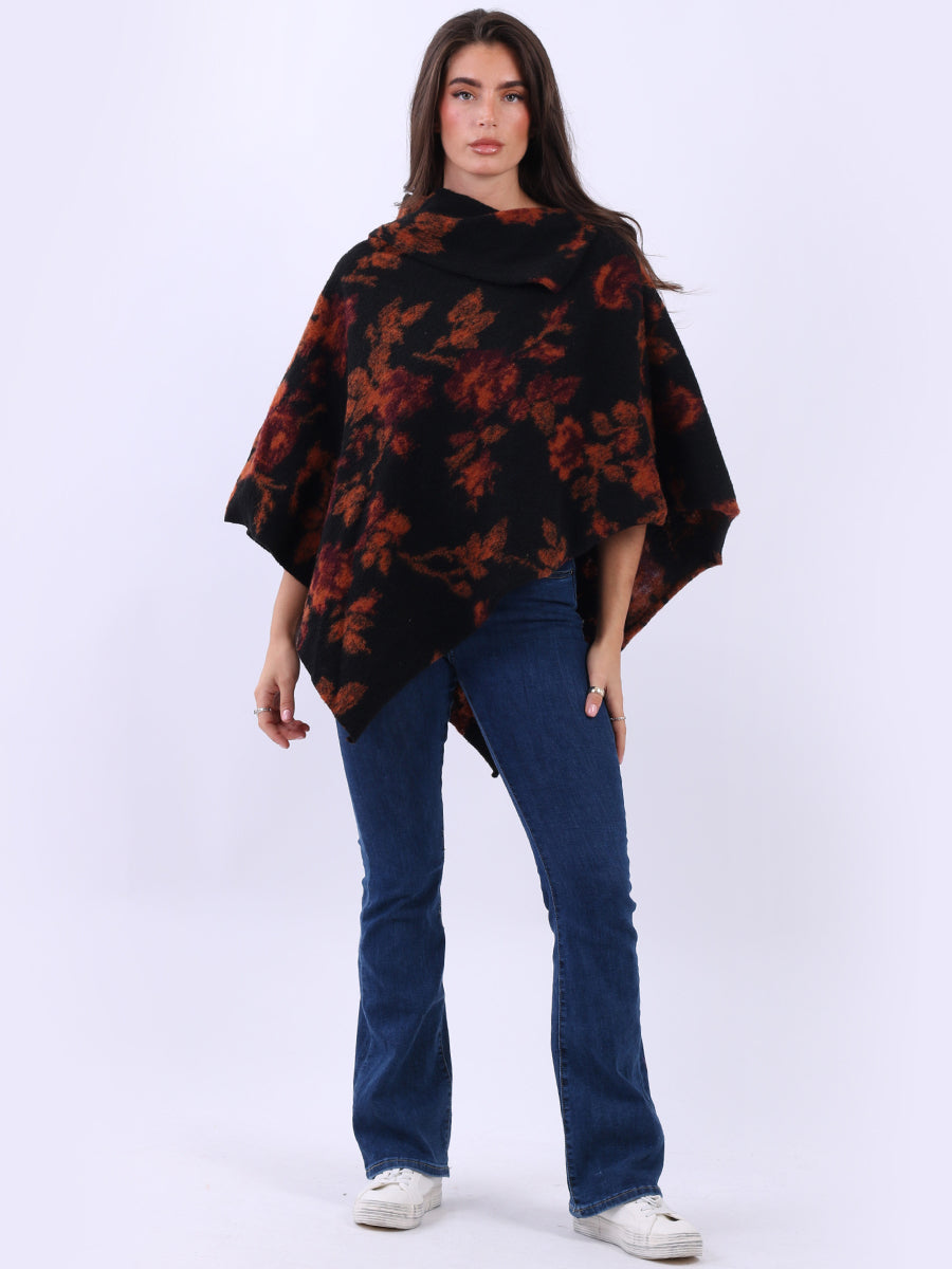 Women Drop Neck Floral Knitted Poncho