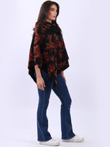 Women Drop Neck Floral Knitted Poncho