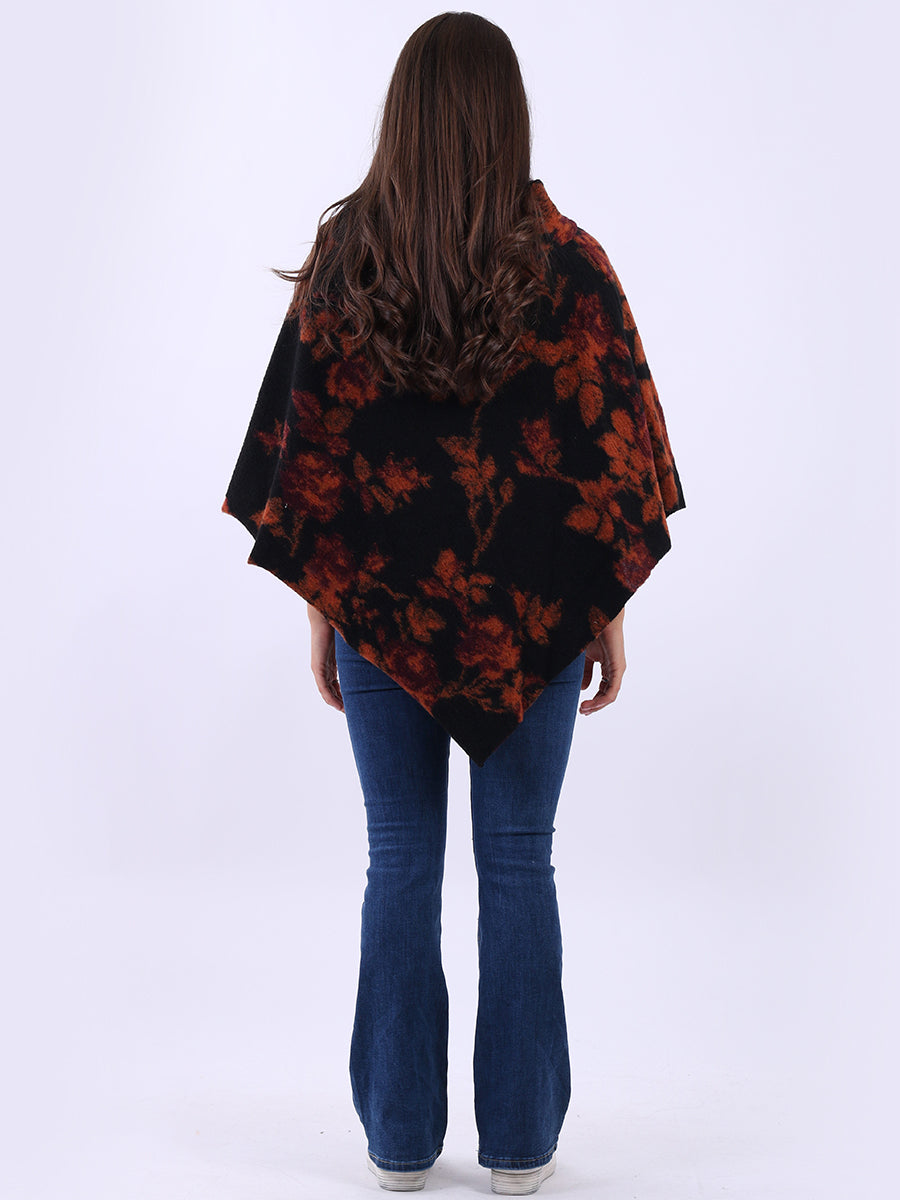 Women Drop Neck Floral Knitted Poncho