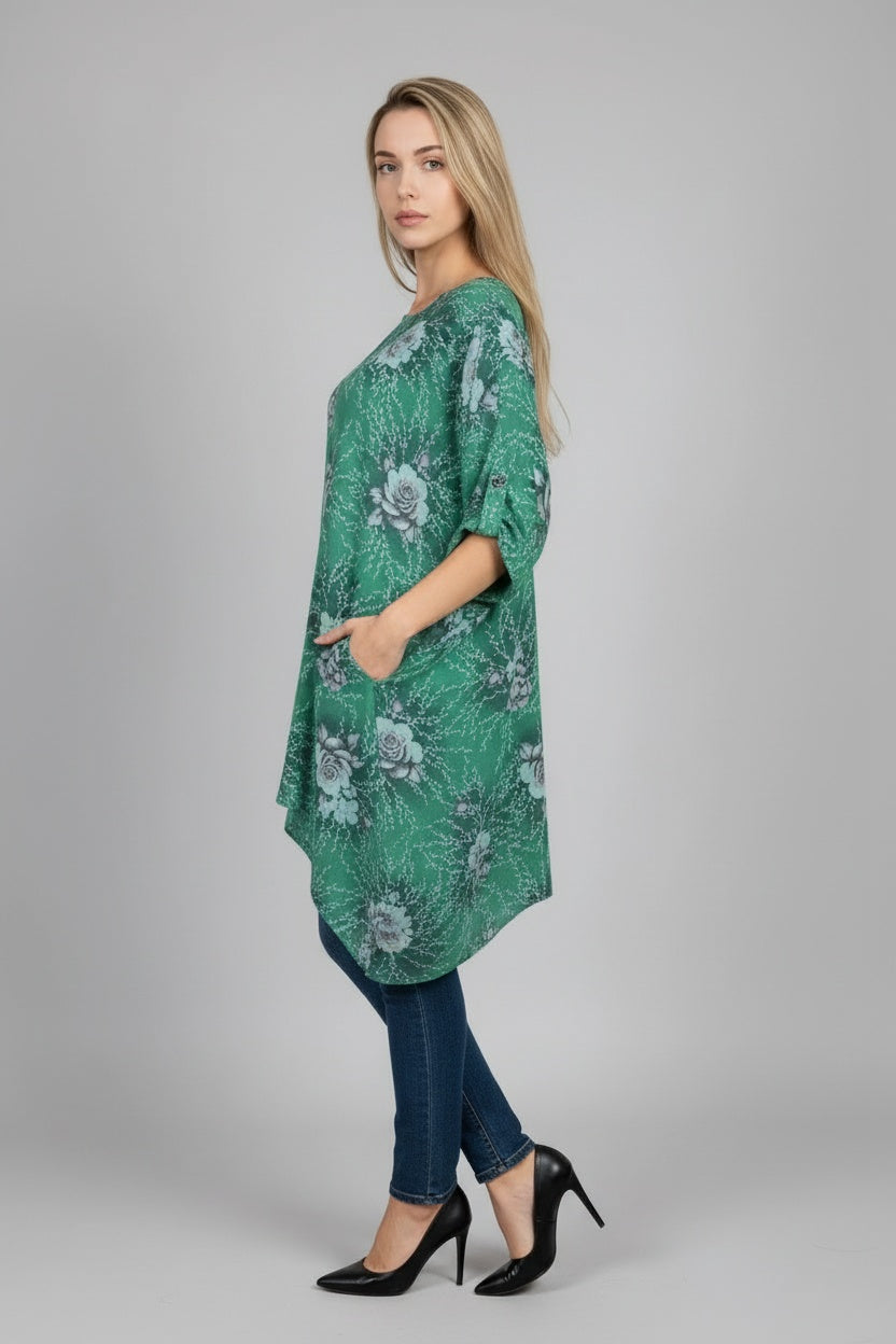 Paisley Print Tabbed Sleeves Linen Tunic Top