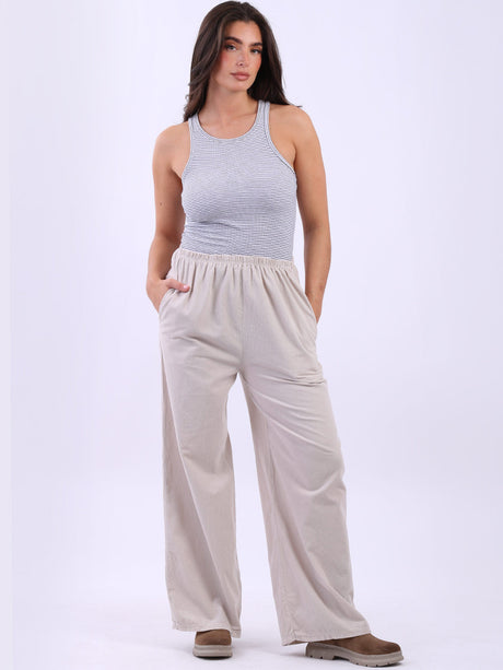 Ladies Plain Wide Leg Cotton Corduroy Trouser