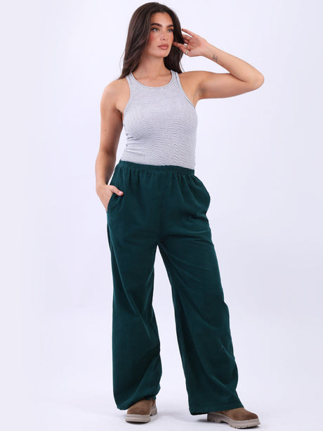 Ladies Plain Wide Leg Cotton Corduroy Trouser