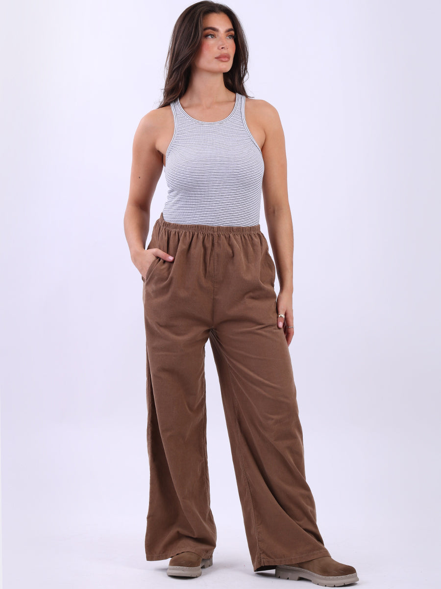 Ladies Plain Wide Leg Cotton Corduroy Trouser