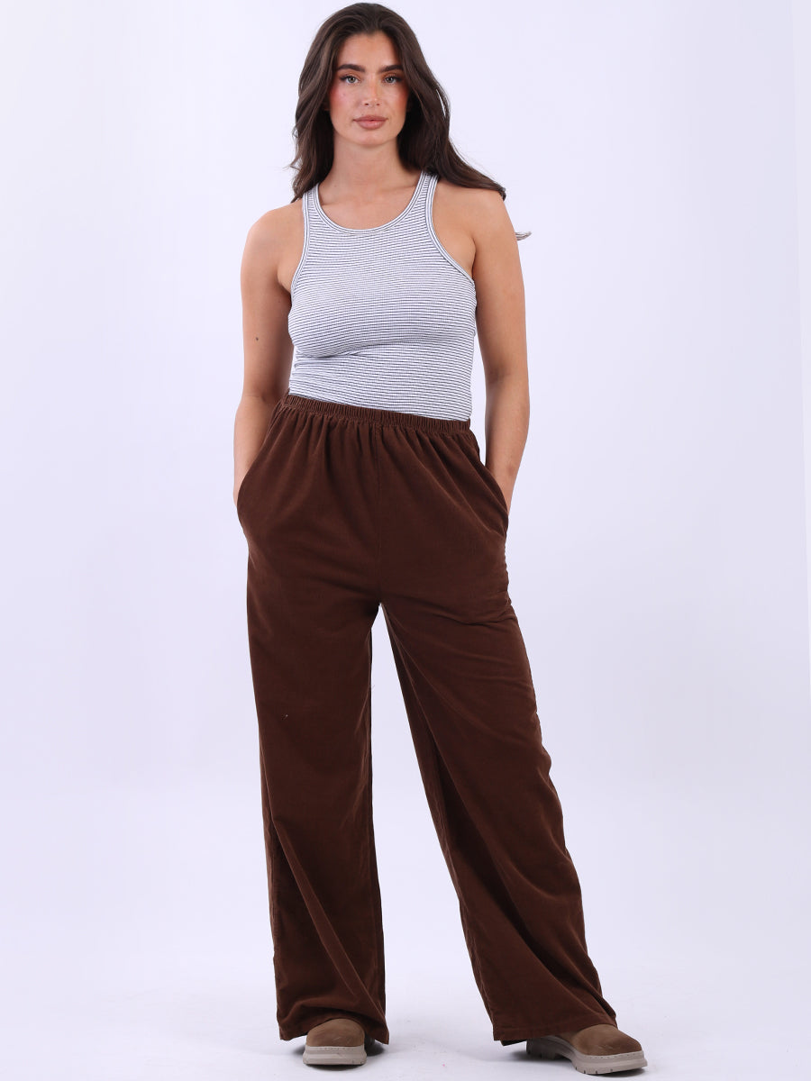 Ladies Plain Wide Leg Cotton Corduroy Trouser