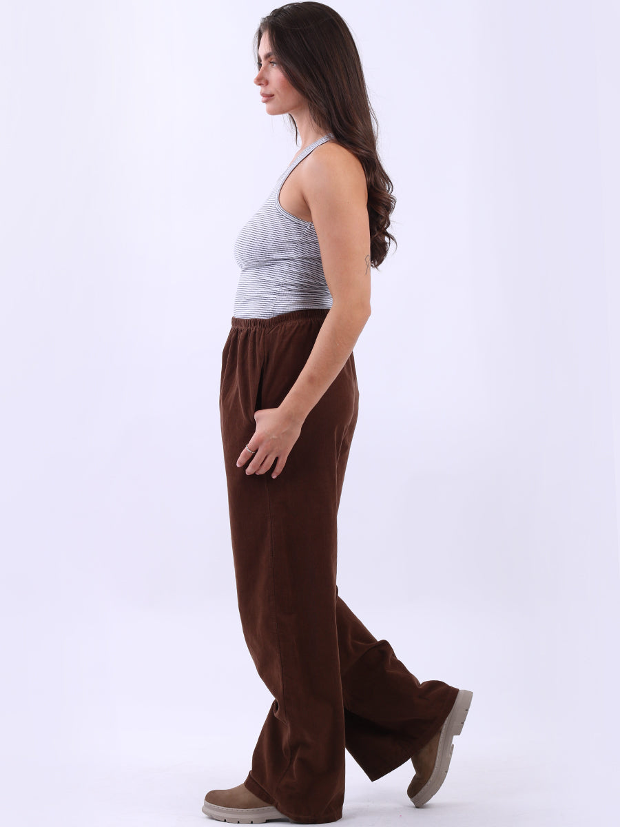 Ladies Plain Wide Leg Cotton Corduroy Trouser