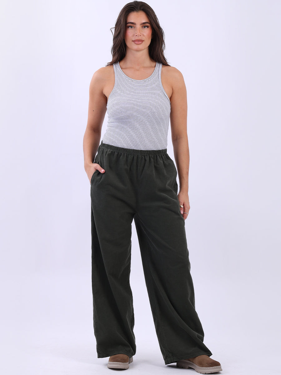 Ladies Plain Wide Leg Cotton Corduroy Trouser