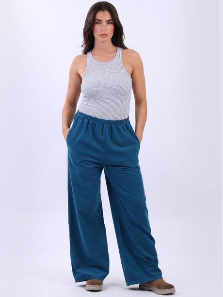 Ladies Plain Wide Leg Cotton Corduroy Trouser