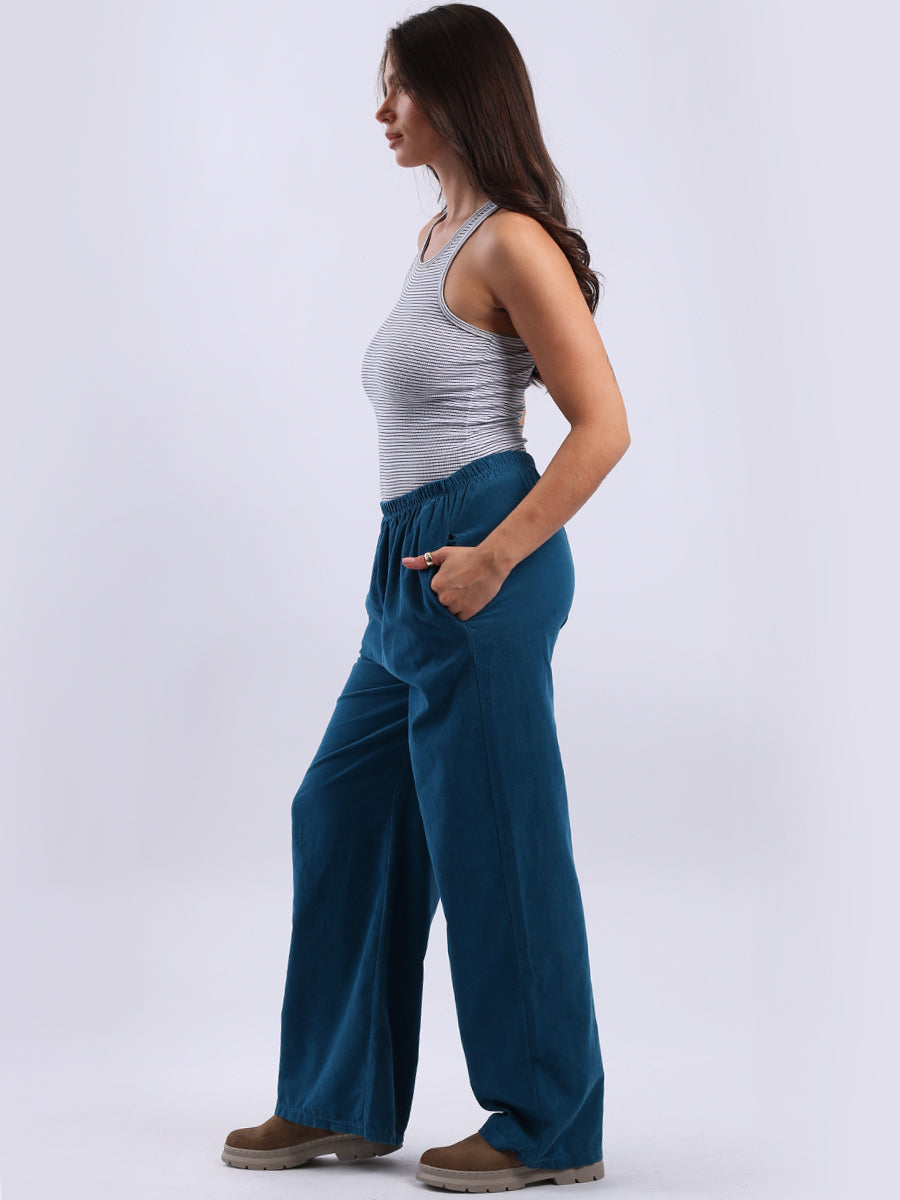 Ladies Plain Wide Leg Cotton Corduroy Trouser