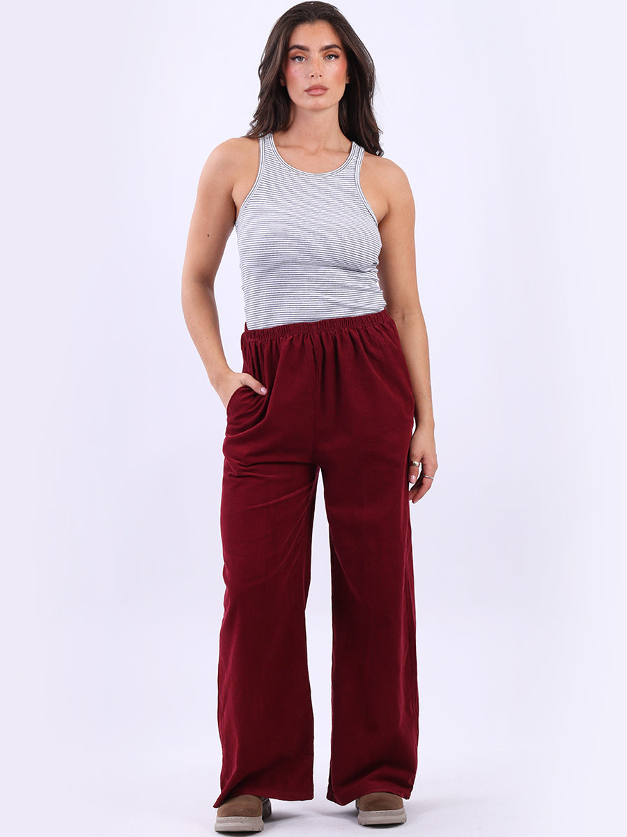 Ladies Plain Wide Leg Cotton Corduroy Trouser