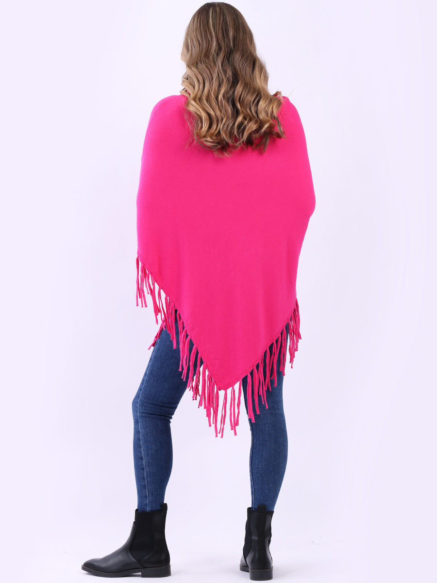 Cozy Cowl Neck Ladies Knitted Fringe Poncho