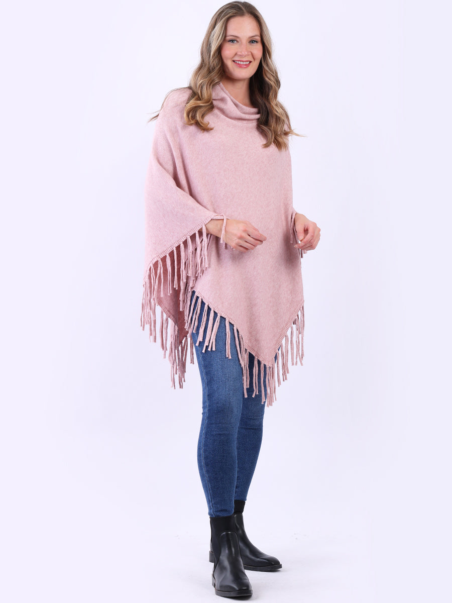 Cozy Cowl Neck Ladies Knitted Fringe Poncho