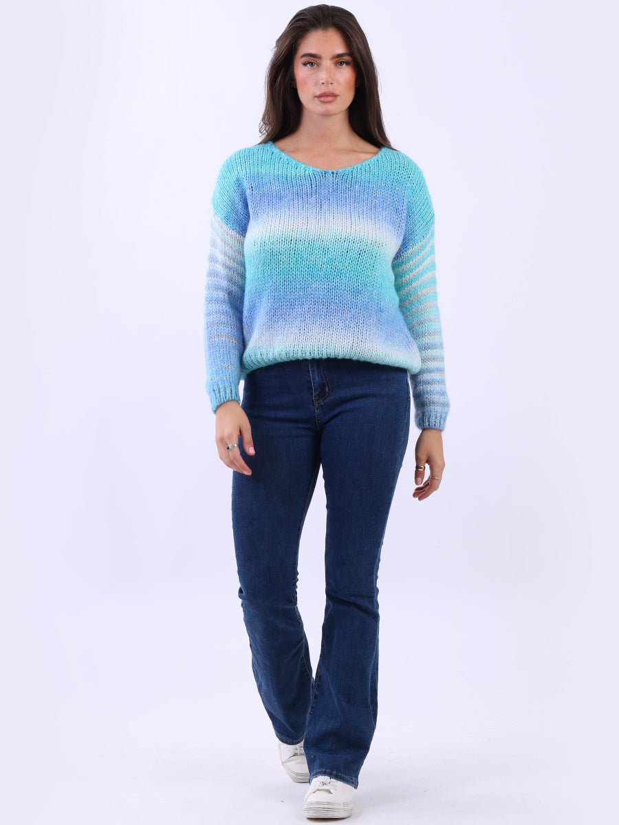 Women V-Neck Crop Knitted Rainbow Sweater