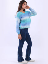 Women V-Neck Crop Knitted Rainbow Sweater