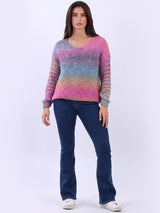 Women V-Neck Crop Knitted Rainbow Sweater