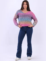 Women V-Neck Crop Knitted Rainbow Sweater