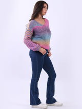 Women V-Neck Crop Knitted Rainbow Sweater