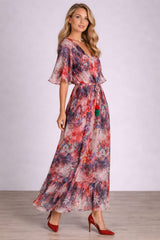Overlap V Neck Oversized Floral Ruched Maxi