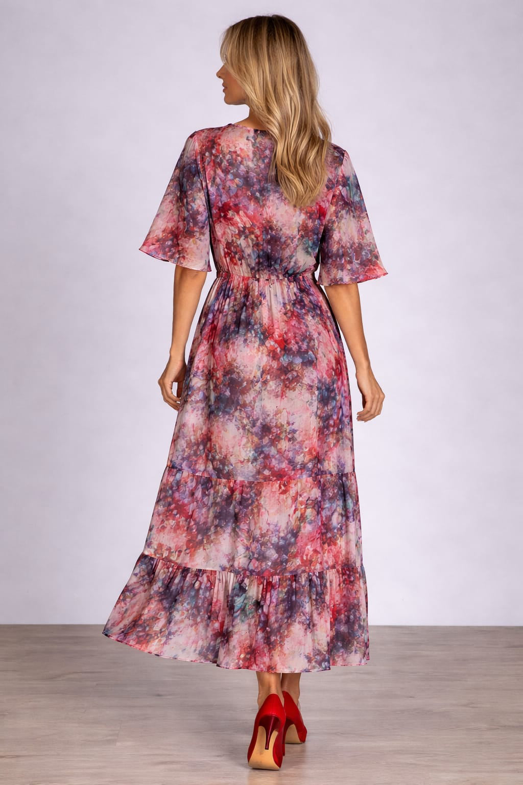 Overlap V Neck Oversized Floral Ruched Maxi