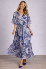 Overlap V Neck Oversized Floral Ruched Maxi