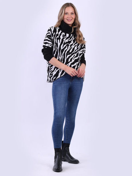 Zebra Print Cowl Neck Batwing Knitted Jumper