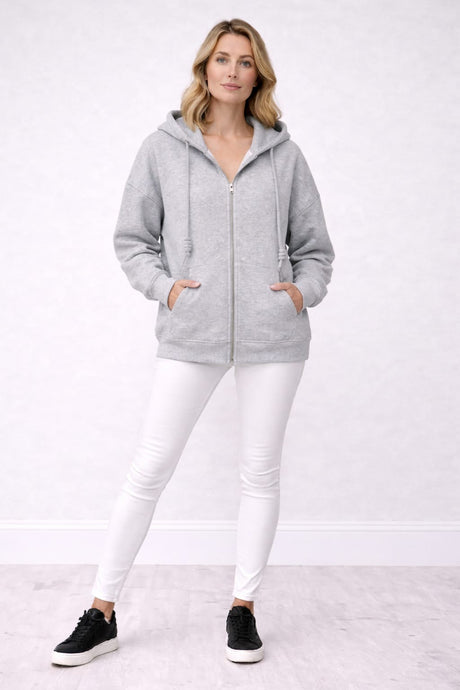 Zip Up Cotton Knit Hoodie Silver