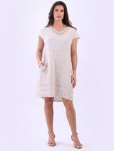 Crochet Sequin V-Neck Linen Shift Dress