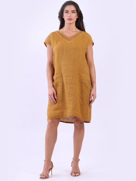 Crochet Sequin V-Neck Linen Shift Dress