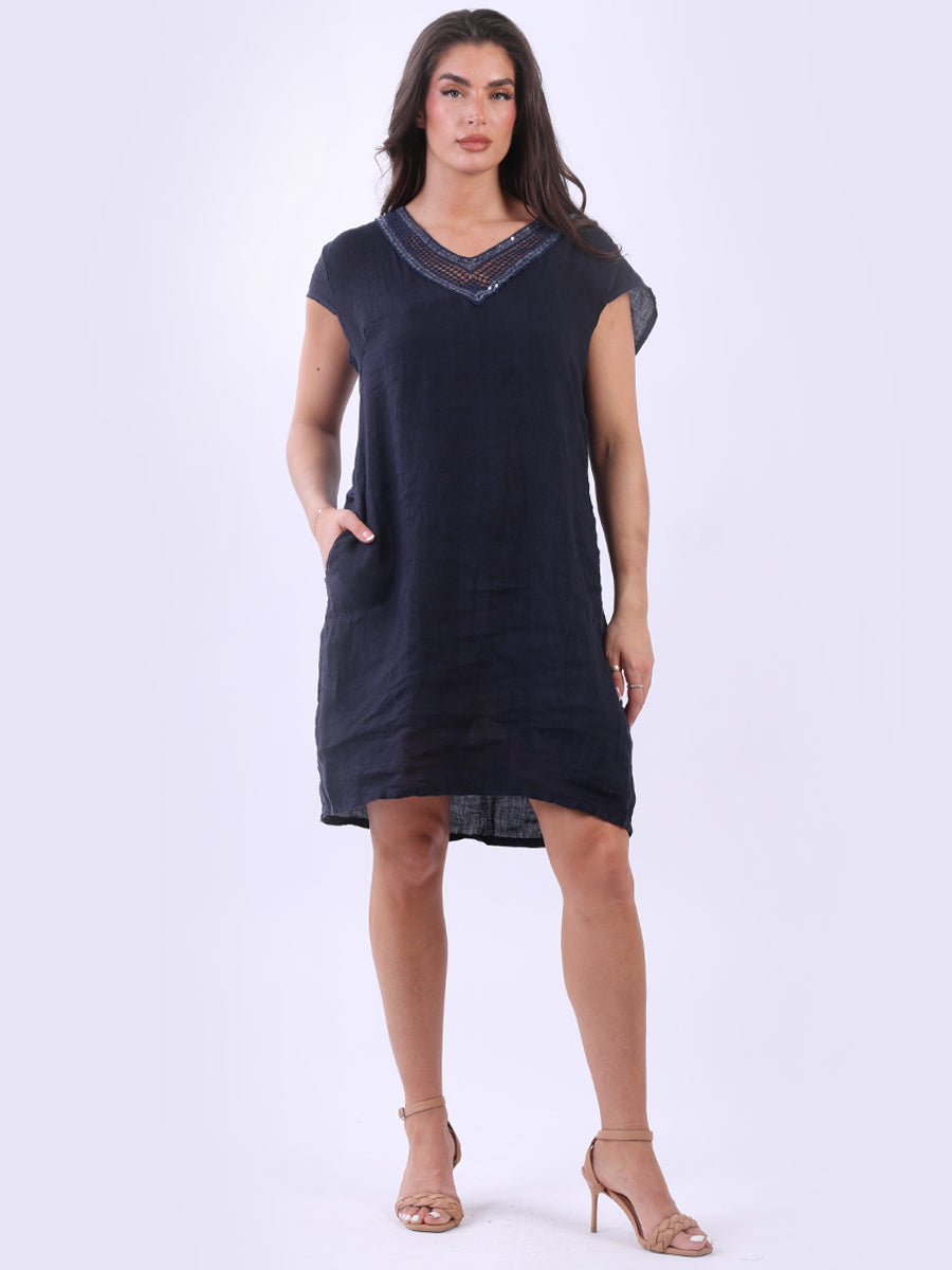 Crochet Sequin V-Neck Linen Shift Dress