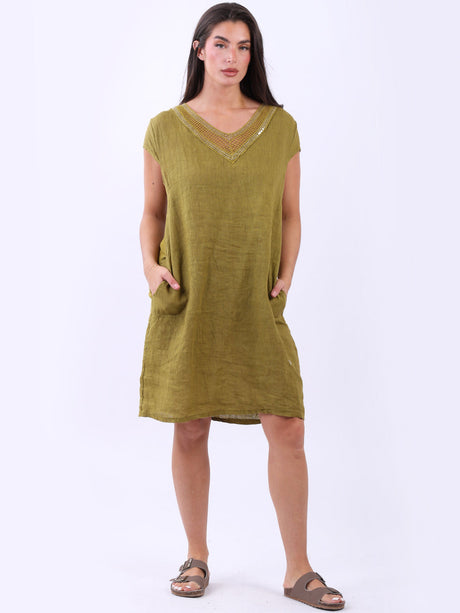 Crochet Sequin V-Neck Linen Shift Dress