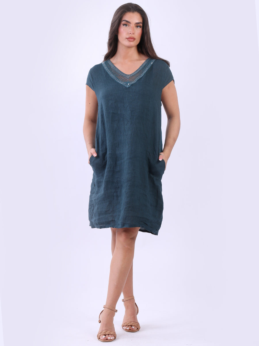 Crochet Sequin V-Neck Linen Shift Dress