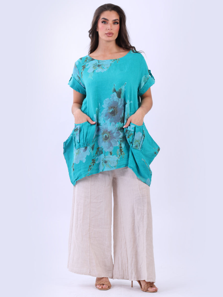 Ladies Floral Summer Linen Tunic Top