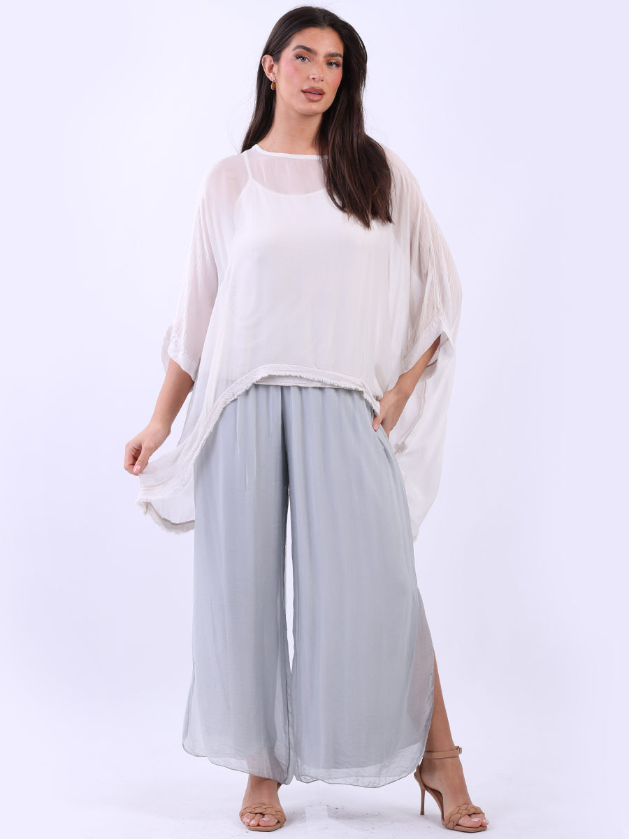 Batwing Solid Silk Top Beige