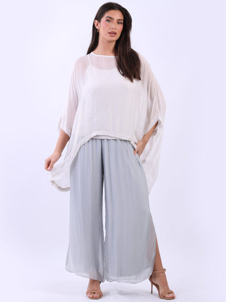 Double Layer Raw Edge Plain Batwing Silk Top