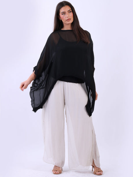 Double Layer Raw Edge Plain Batwing Silk Top