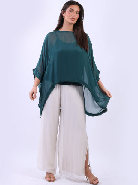 Double Layer Raw Edge Plain Batwing Silk Top