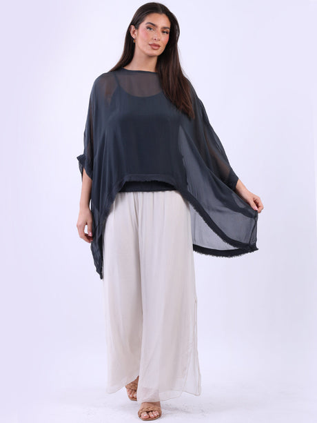 Double Layer Raw Edge Plain Batwing Silk Top