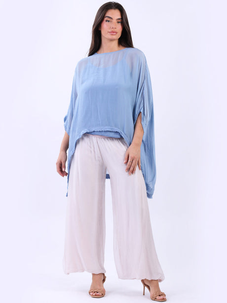 Double Layer Raw Edge Plain Batwing Silk Top