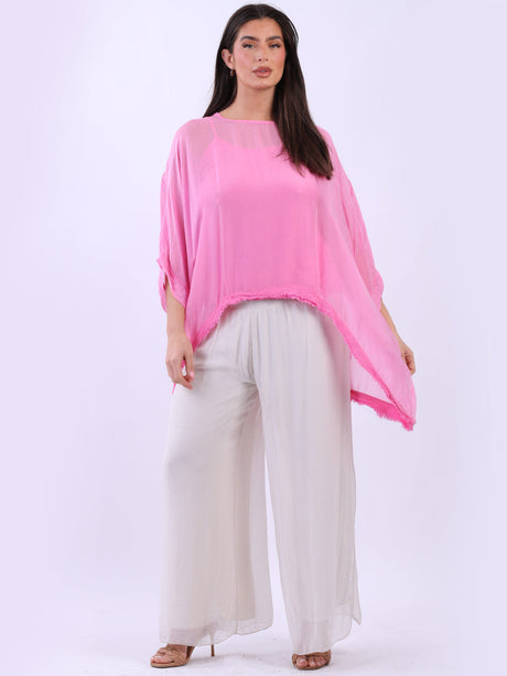 Double Layer Raw Edge Plain Batwing Silk Top