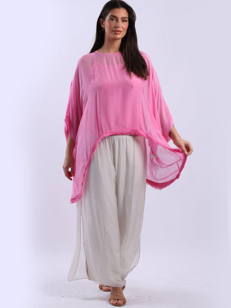 Double Layer Raw Edge Plain Batwing Silk Top