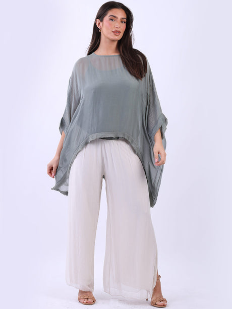 Double Layer Raw Edge Plain Batwing Silk Top