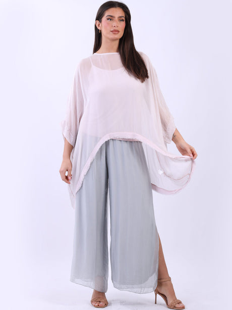 Double Layer Raw Edge Plain Batwing Silk Top