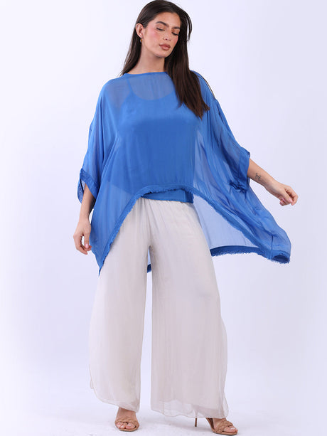 Double Layer Raw Edge Plain Batwing Silk Top