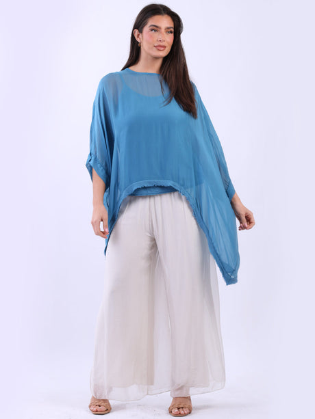 Double Layer Raw Edge Plain Batwing Silk Top