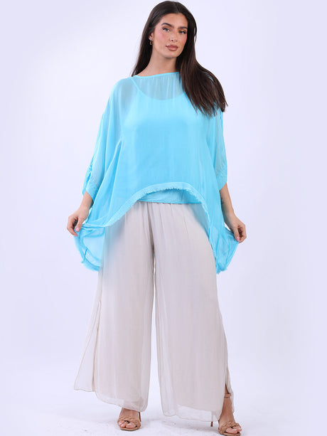 Double Layer Raw Edge Plain Batwing Silk Top