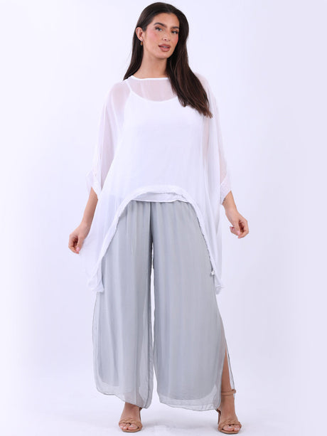 Double Layer Raw Edge Plain Batwing Silk Top