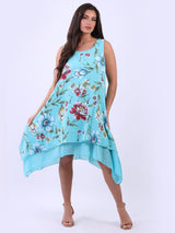 Sleeveless Floral Print Lagenlook Linen Slouchy Dress