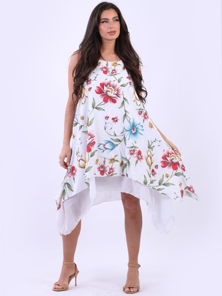 Sleeveless Floral Print Lagenlook Linen Slouchy Dress