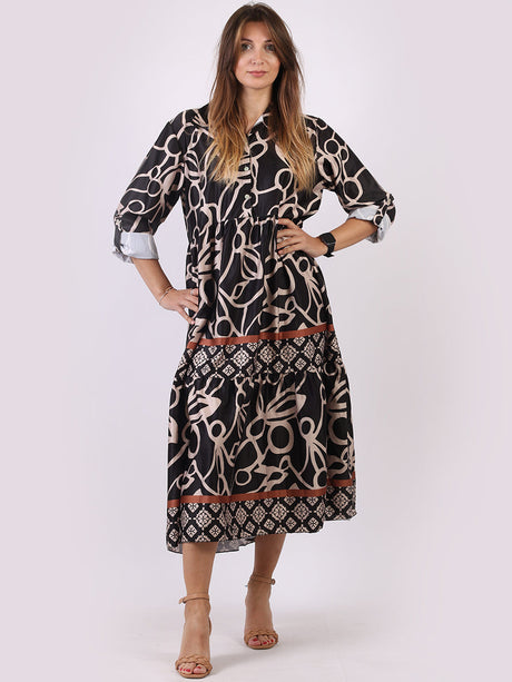 Ladies Collared Neck Printed Tiered Maxi Shirt Dress